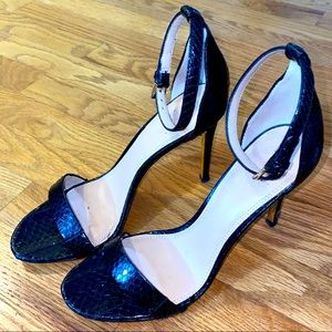 Tory Burch Black Ankle Strap Keri Snakeskin High Heeled Sandal